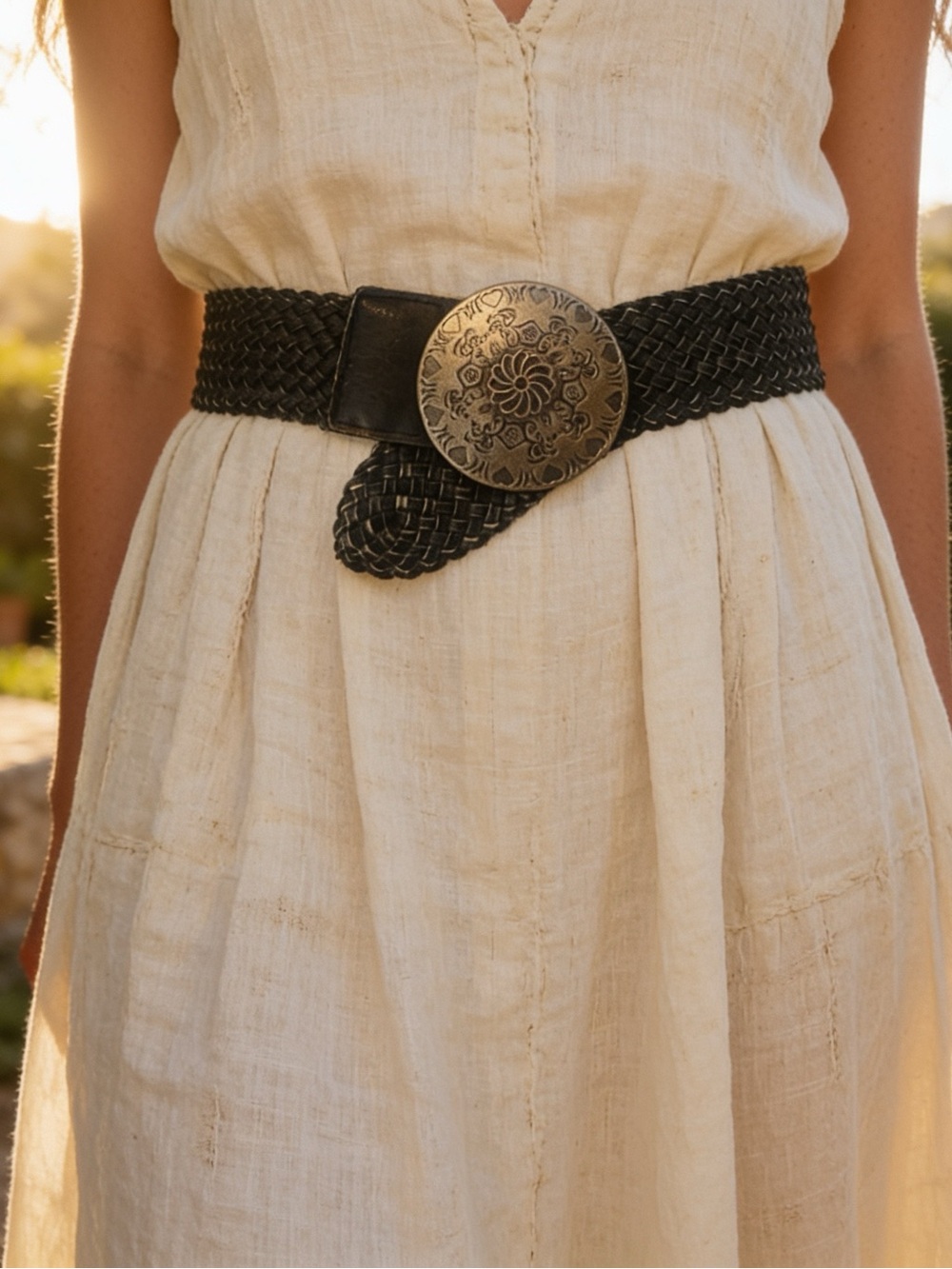 VTG Moroccan Black Woven Leather Belt with Concho Buckle